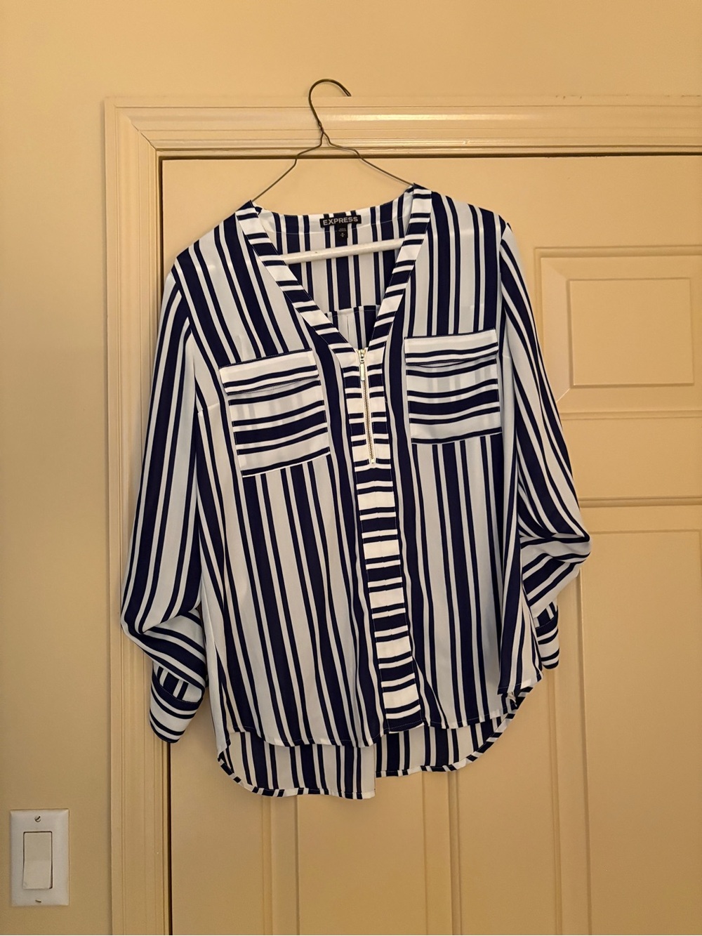 Express Navy White Striped Quarter Zip Blouse Size M